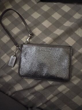 Coach Silver Gray Satin Wristlet with Detachable Strap